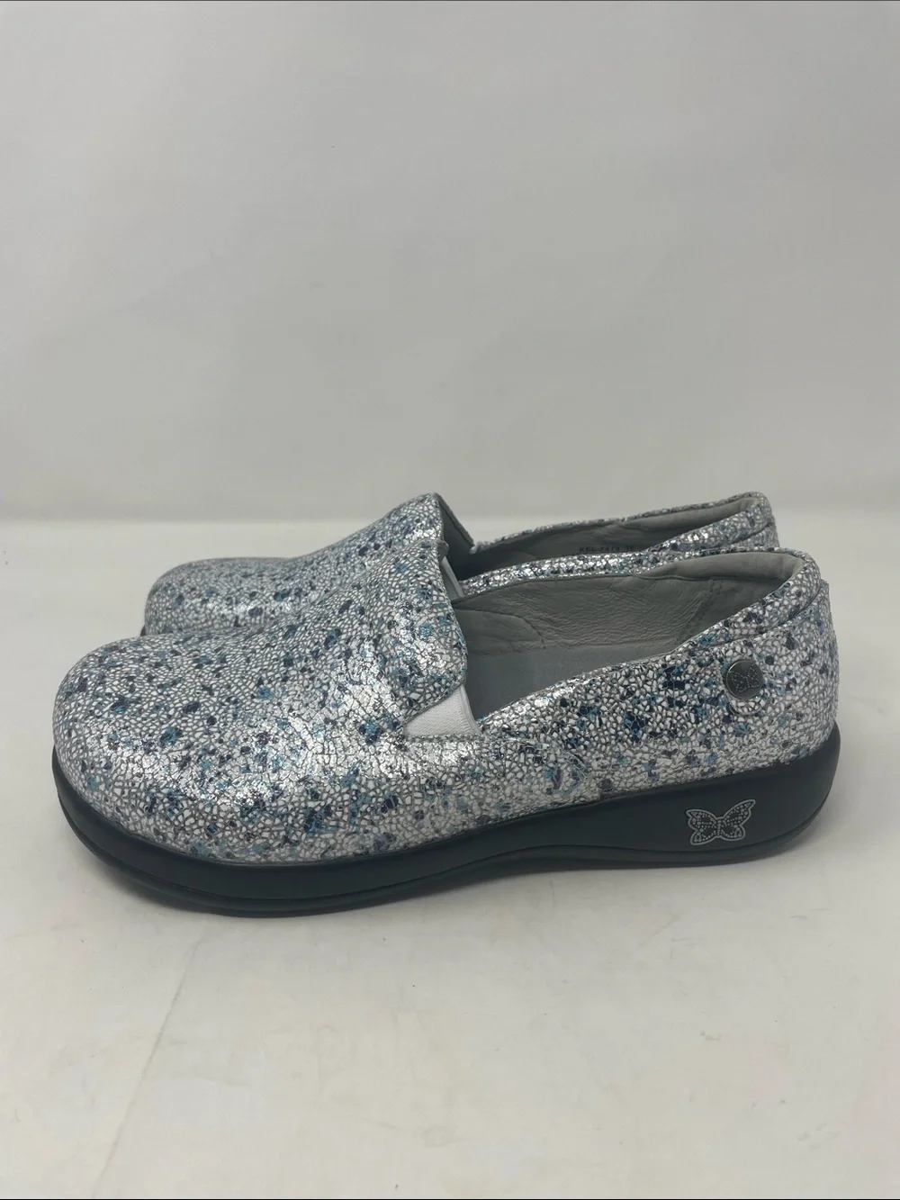 Alegria By PG Lite Leather Sparkling Blue Silver Slip-On Flats Size  7.5